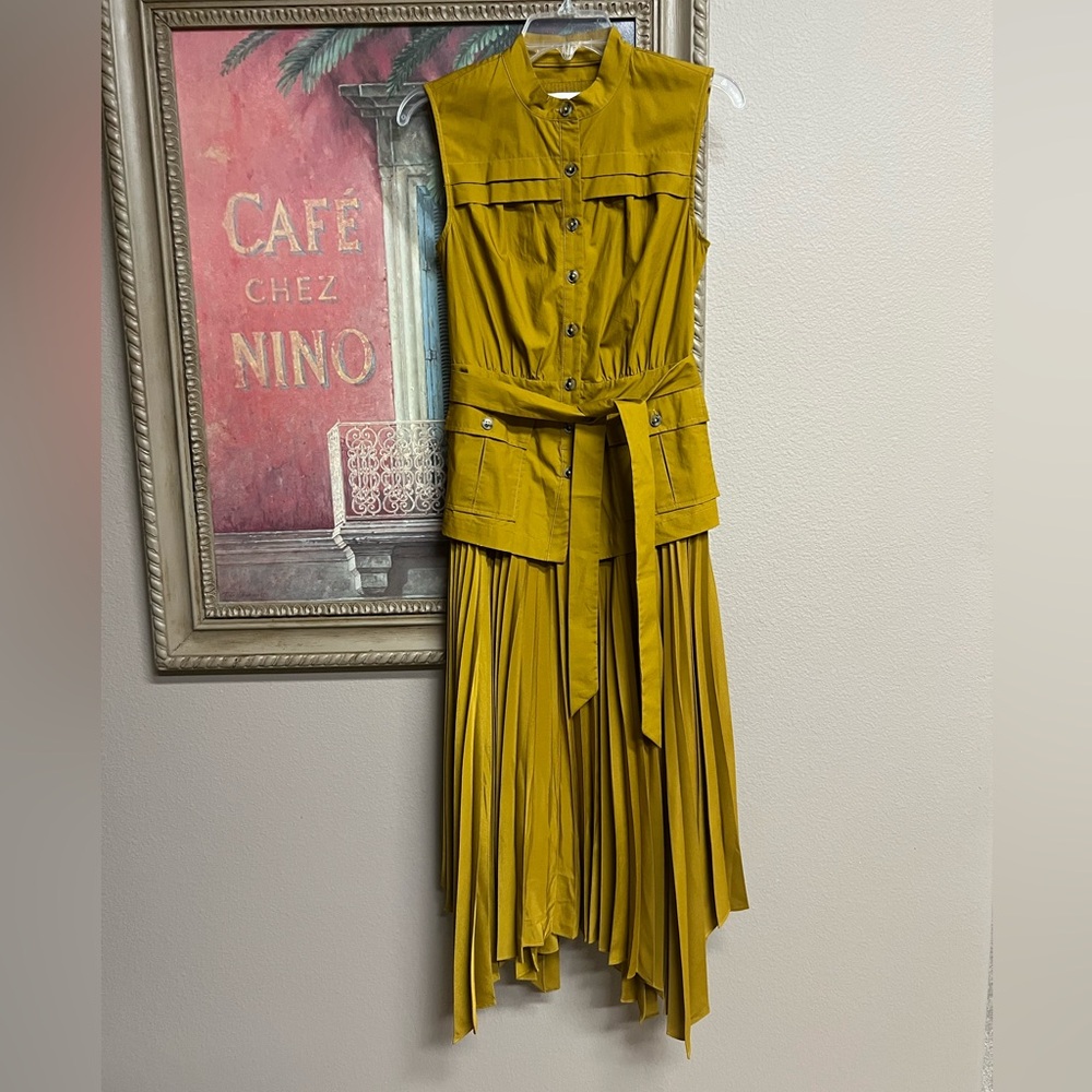 👡Anthropologie Mustard Pleated Safari Asymmetrical Midi Dress